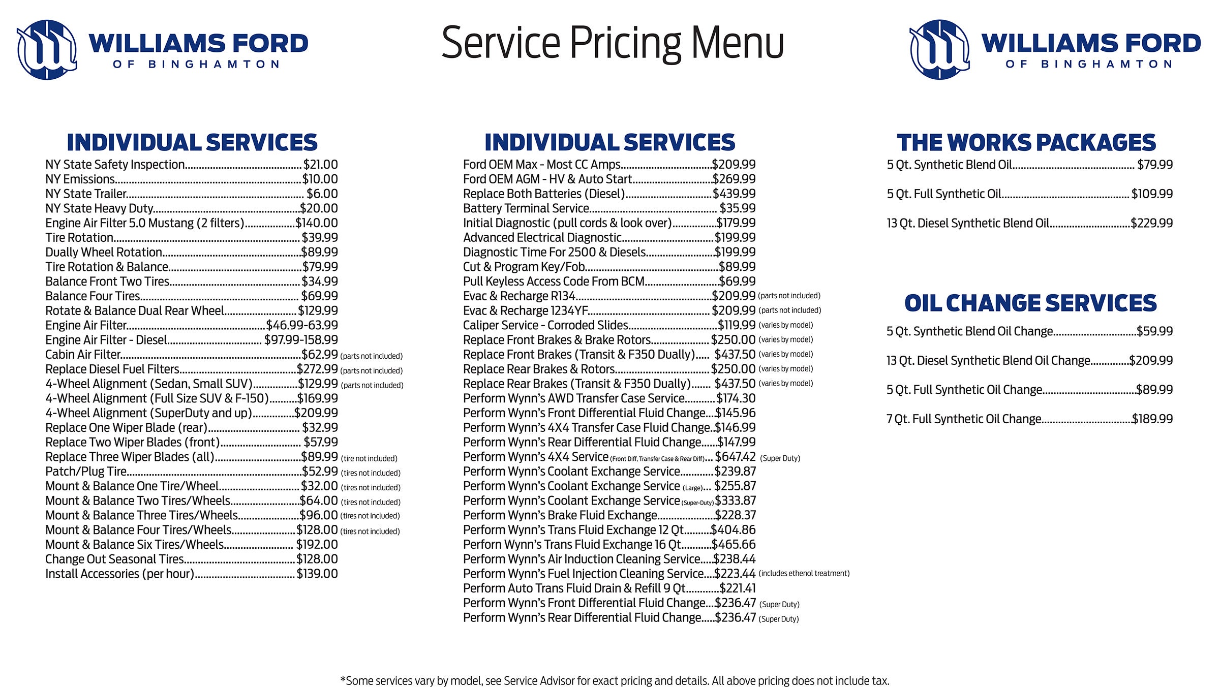 Williams Ford of Binghamton Service Pricing Menu 9-24-25
